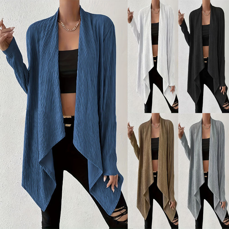 Women's Open Crinkle Cardigan with Waterfall Hem and Longline Silhouette