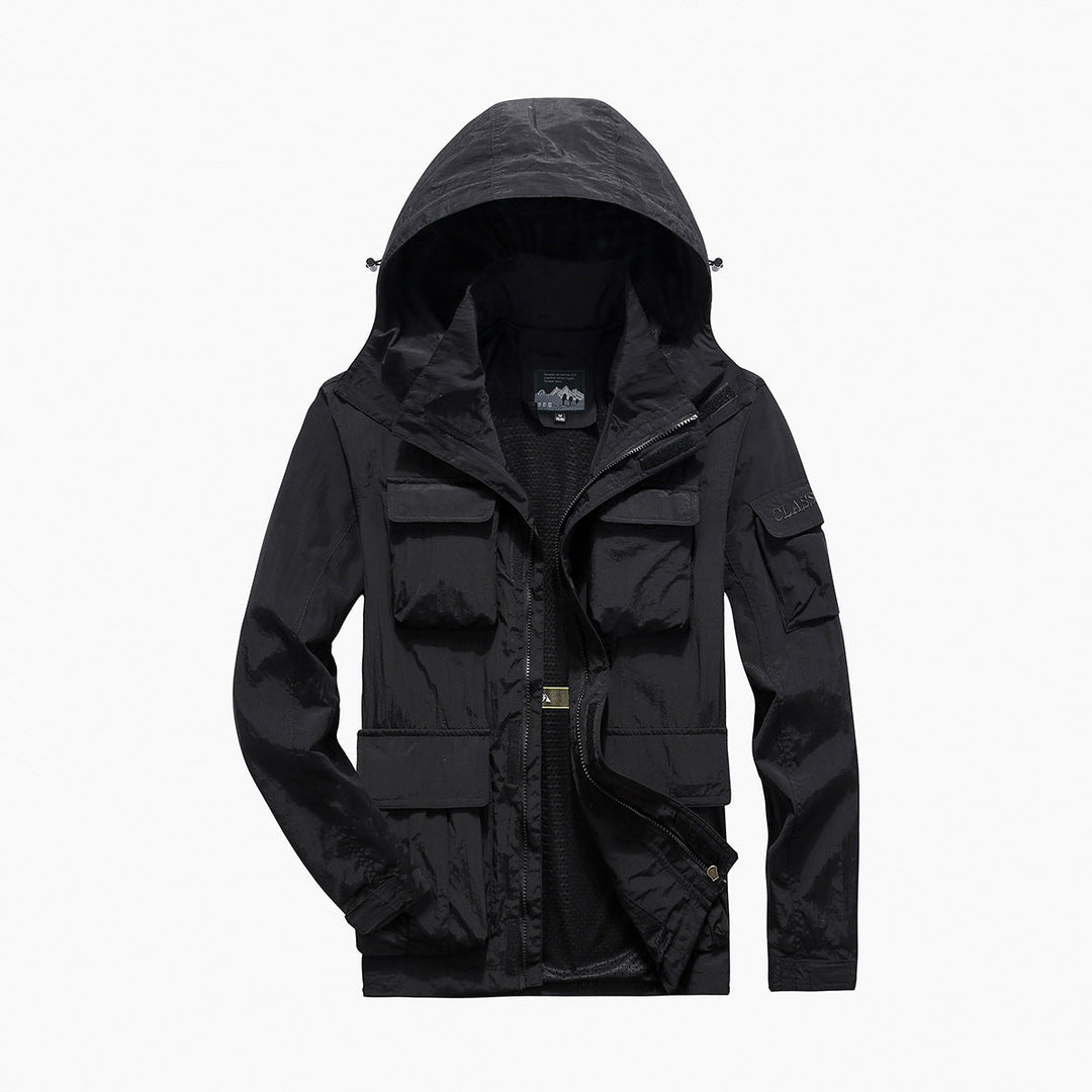 Men's Multifunctional Utility Field Jacket with Numerous Flap and Zippered Pockets as Well as D-ring