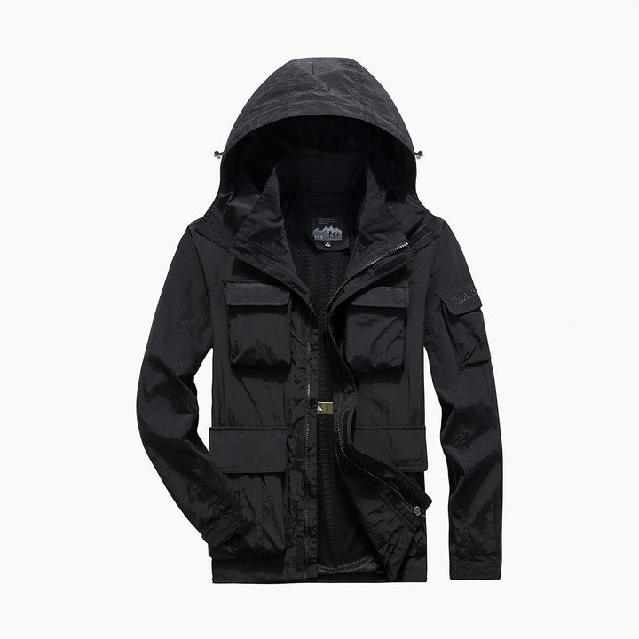 Men's Multifunctional Utility Field Jacket with Numerous Flap and Zippered Pockets as Well as D-ring