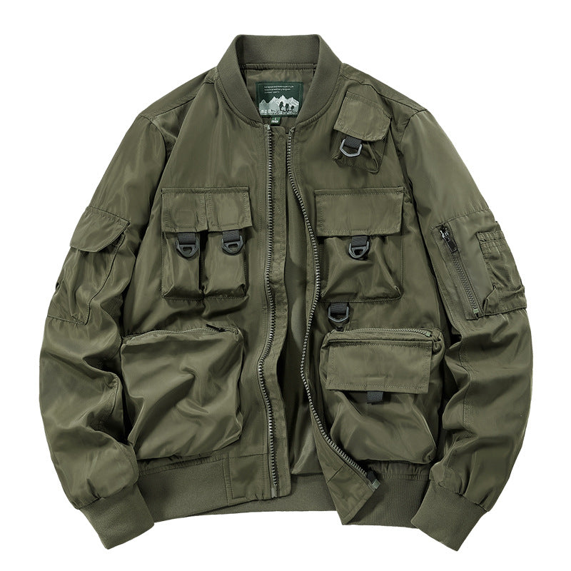 Men's Multifunctional Utility Bomber Jacket with Numerous Pockets, D-ring Details, and Wind-resistant Nylon Shell