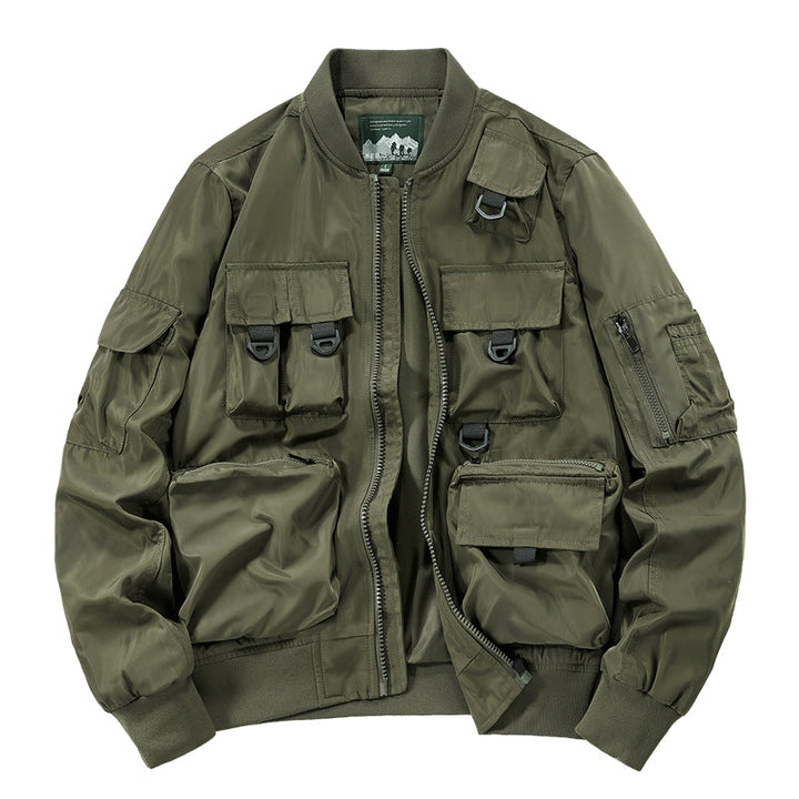 Men's Multifunctional Utility Bomber Jacket with Numerous Pockets, D-ring Details, and Wind-resistant Nylon Shell