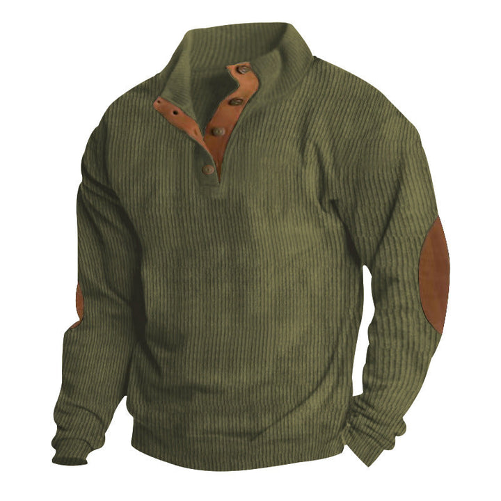 Men's Ribbed Henley Sweater with Stand Collar, Button Placket & Leather Elbow Patches