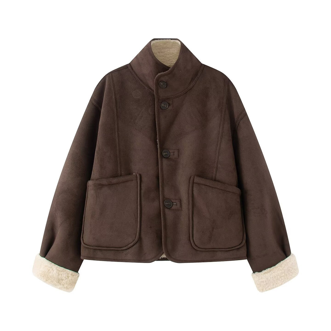 Women's Short Sheepskin Look Jacket with Stand-Up Collar and Large Patch Pockets