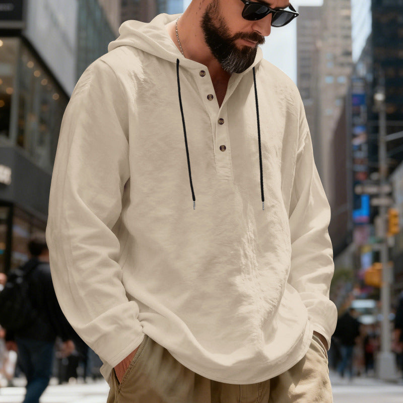 Men's Lightweight Hooded Shirt with Button Placket made of Linen Blend and Relaxed Fit