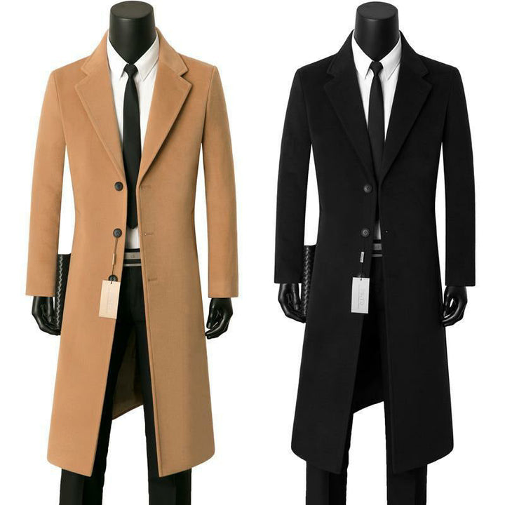 Men's Single-breasted Long Coat with Narrow Silhouette, Notched Lapel and Knee-length Cut