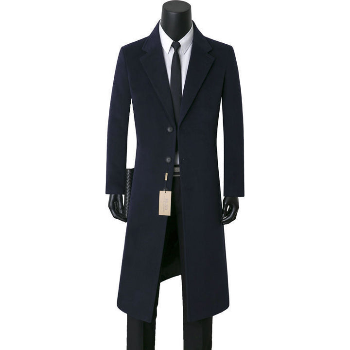 Men's Single-breasted Long Coat with Narrow Silhouette, Notched Lapel and Knee-length Cut
