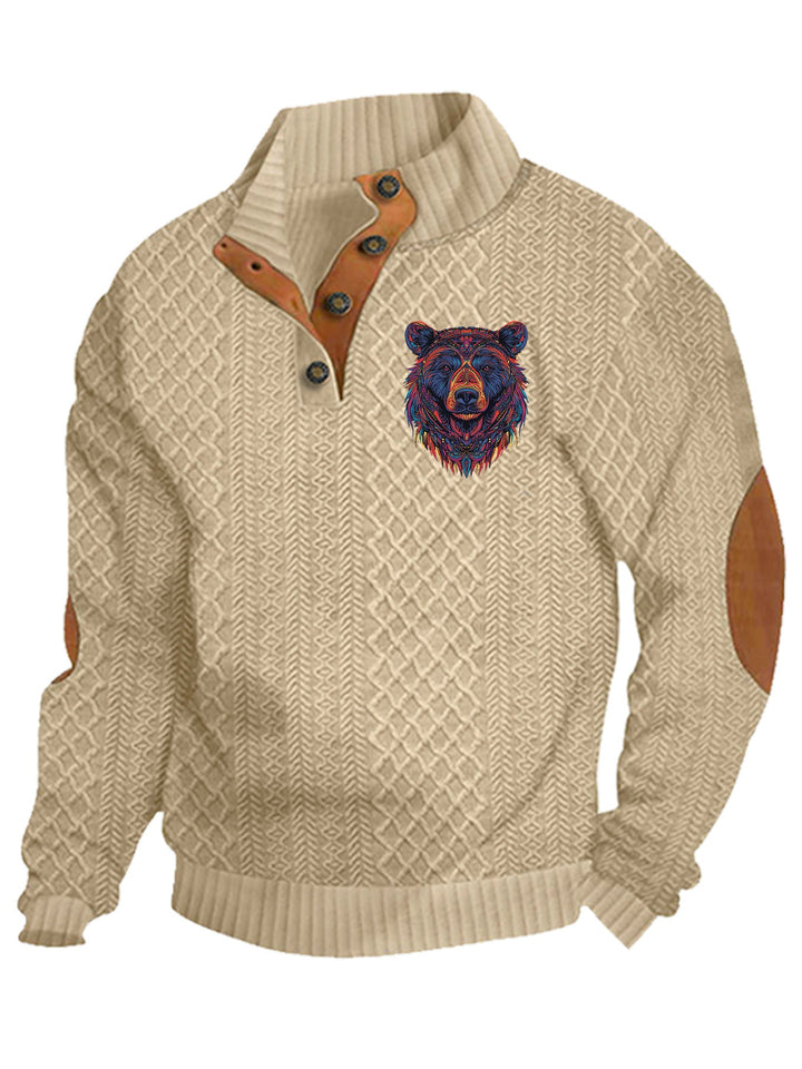 Men's Heritage Textured Pullover with Stand-up Collar Faux Leather Trim Elbow Patches and Half-button Placket