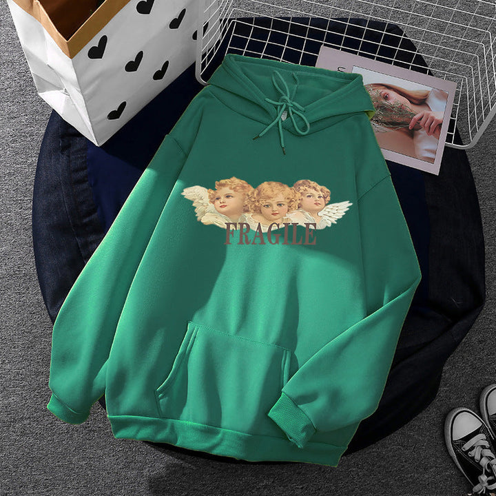 Women Light Oversized Hoodie with Heart EKG Motif, Long Cords and Elastic Cuff