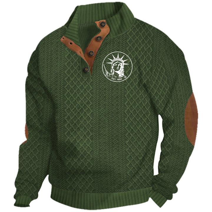 Men's Heritage Textured Pullover with Stand-up Collar Faux Leather Trim Elbow Patches and Half-button Placket