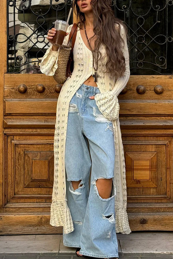 Women Long Crochet Knit Cardigan with Bell Sleeves and Open Front