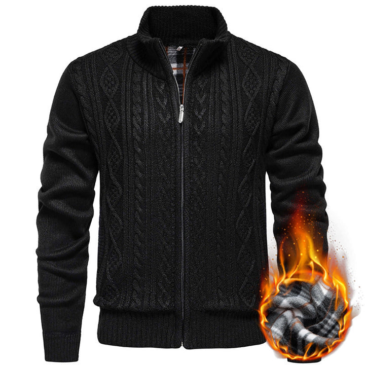 Men's Chunky Knit Cardigan with Cable Pattern, Stand-up Collar and Checked Inner Lining