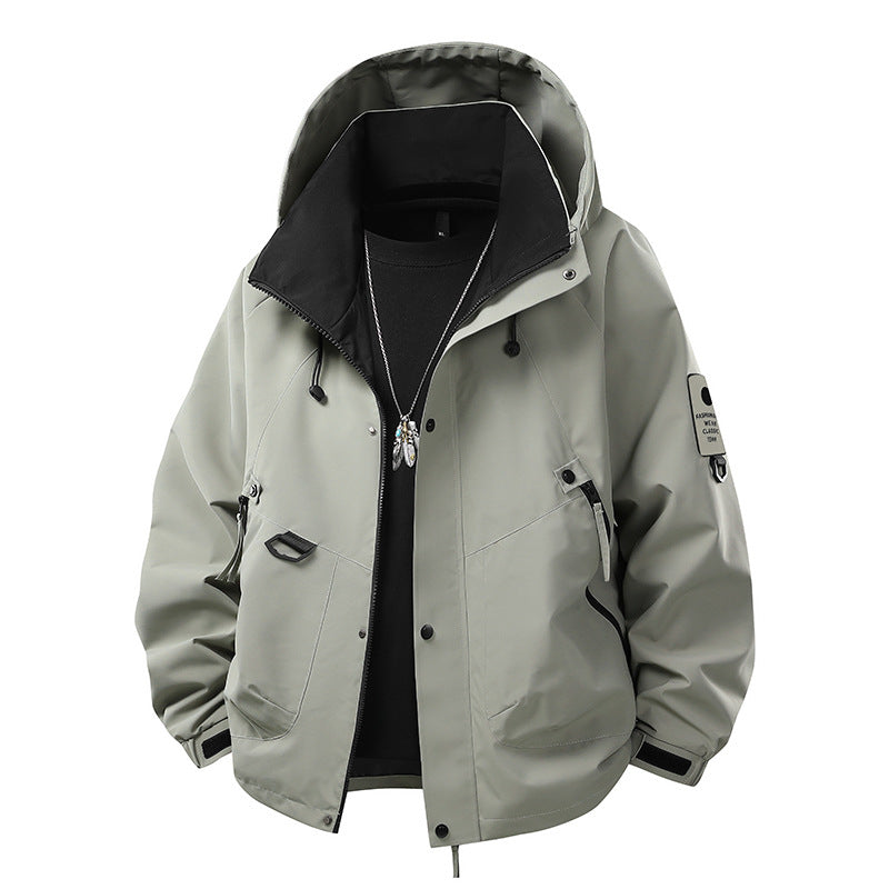 Men's Waterproof Outdoor Utility Rain Jacket with Hood, Multiple Pockets and Adjustable Hem