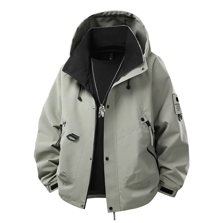 Men's Waterproof Outdoor Utility Rain Jacket with Hood, Multiple Pockets and Adjustable Hem