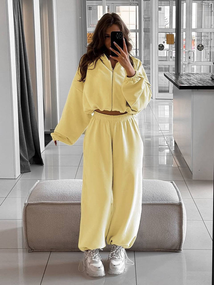 Women Oversized Hoodie Jacket with Full Zip and High Waist Elastic Waistband Jogging Pants Set