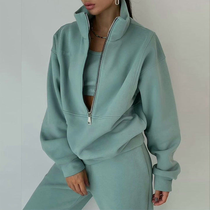 Women's Short Half-zip Sweatshirt and Jogging Pants Set with Stand-up Collar, Oversized Cut and Soft French Terry