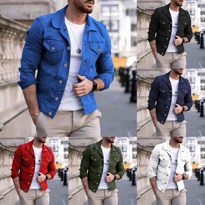 Men's Tailored Denim Jacket in Trucker Style with Chest Pockets and Metal Buttons