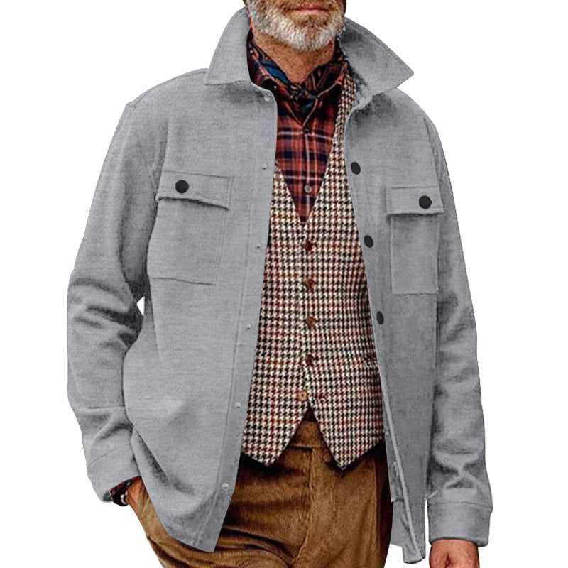 Men's Fleece Shirt Jacket with Two Chest Pockets and Stylish Stand-Up Collar