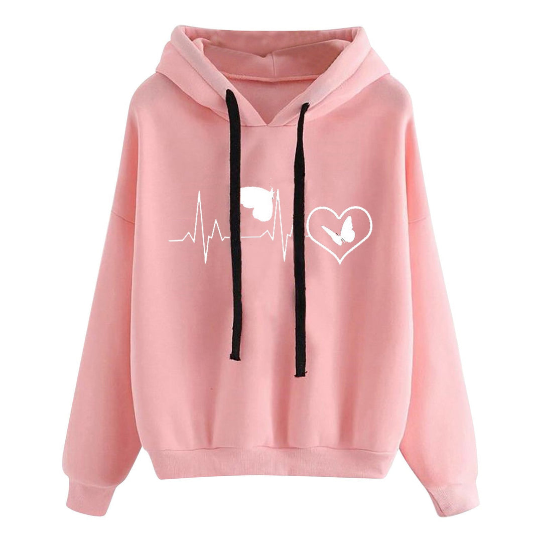 Women Light Oversized Hoodie with Heart EKG Motif, Long Cords and Elastic Cuff