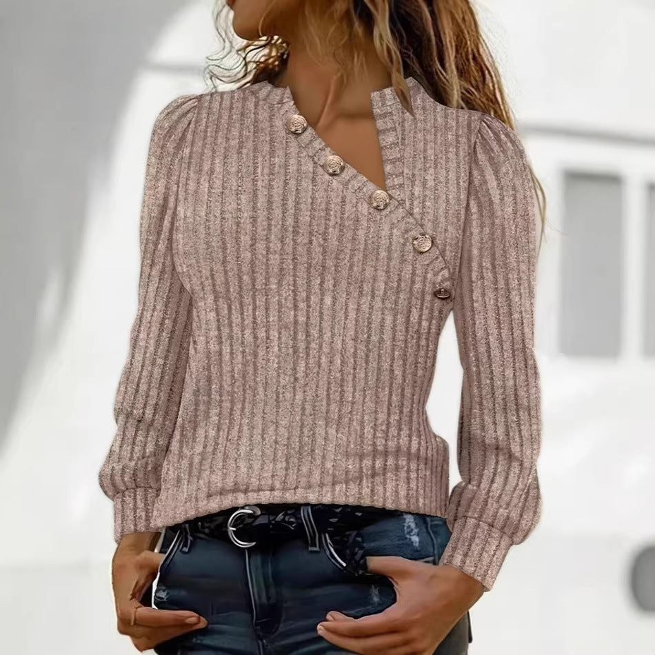 Women's Ribbed Fine Knit Sweater with Asymmetrical Button Placket