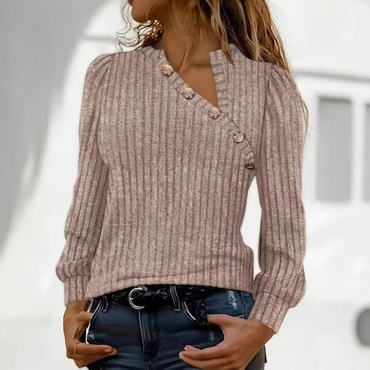 Women's Ribbed Fine Knit Sweater with Asymmetrical Button Placket