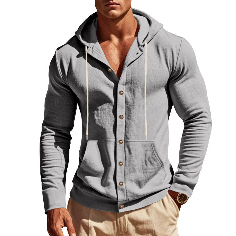 Men's Lightweight Hoodie Cardigan with Full Button Placket, Slim Fit and Kangaroo Pocket