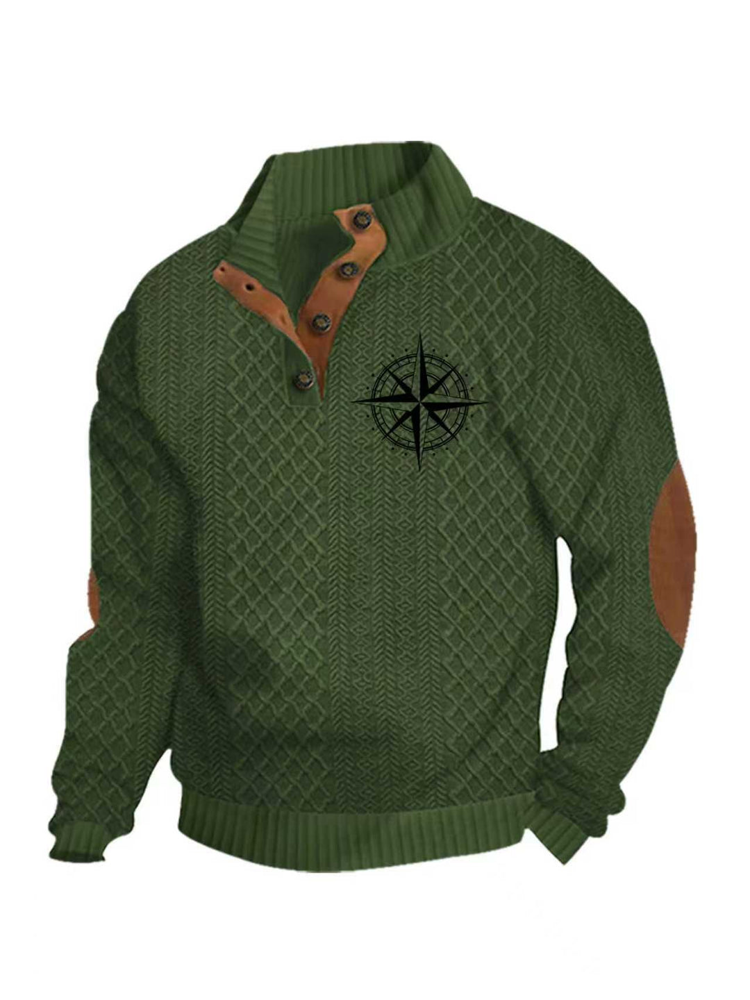 Men's Heritage Textured Pullover with Stand-up Collar Faux Leather Trim Elbow Patches and Half-button Placket