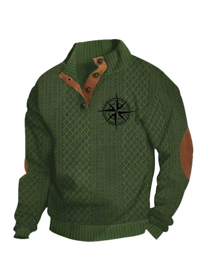 Men's Heritage Textured Pullover with Stand-up Collar Faux Leather Trim Elbow Patches and Half-button Placket