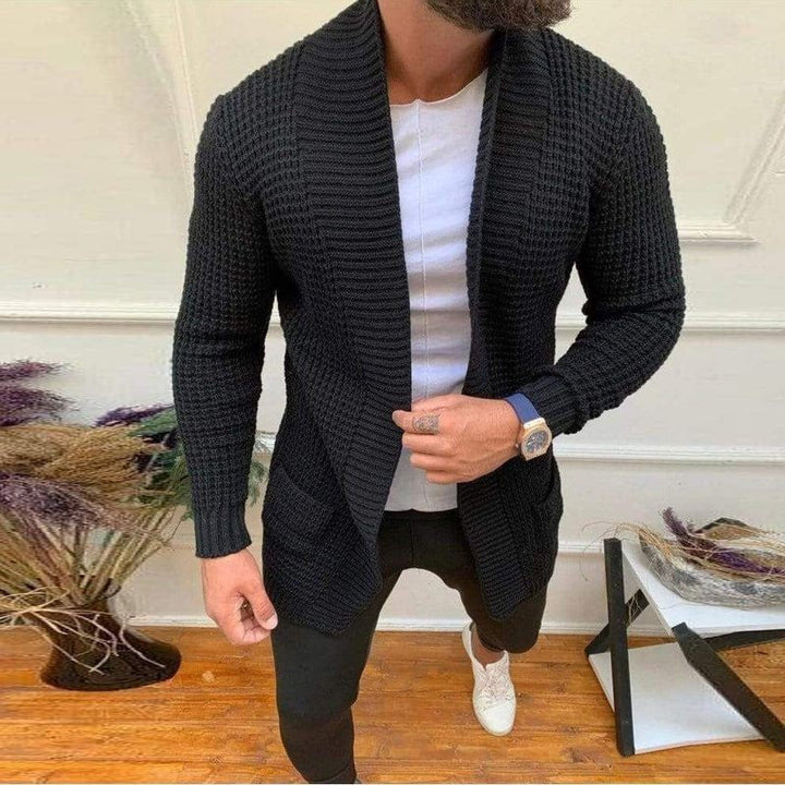 Men's Knitted Cardigan with Shawl Collar and Textured Waffle Pattern