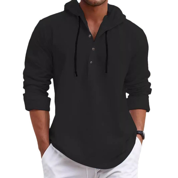 Men's Summer Hoodie Henley with Hidden Button Placket, Drawstring and Rounded Hem
