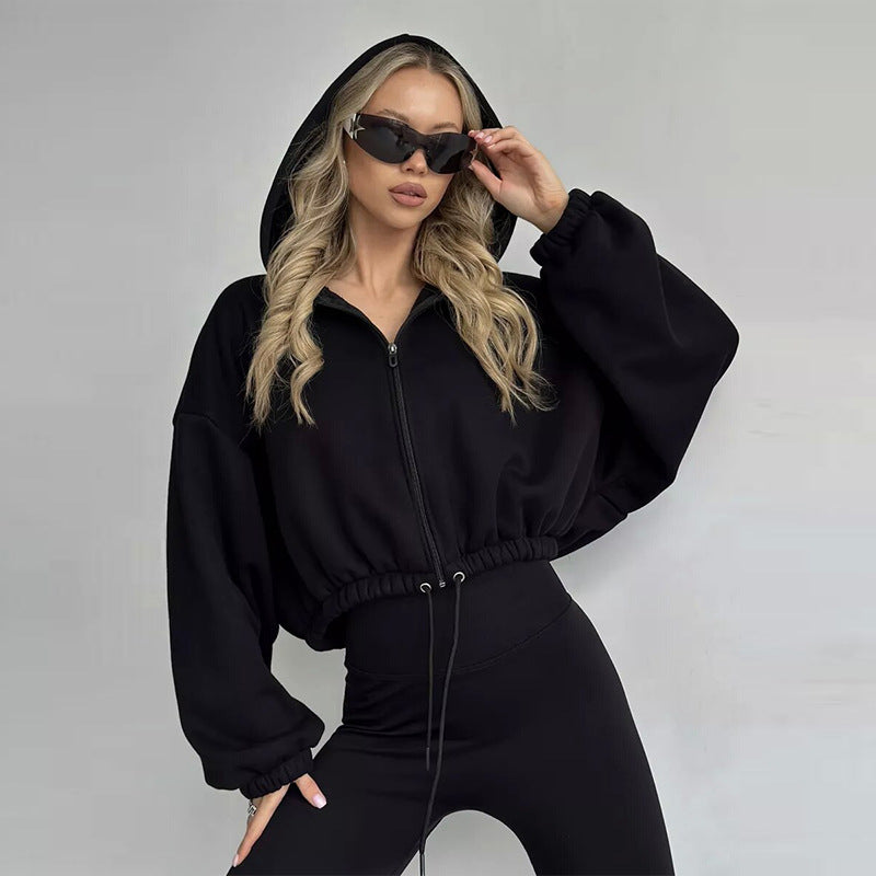 Women's Short Hooded Jacket with Drawstring Waistband, Balloon Sleeves, and Half-height Zipper