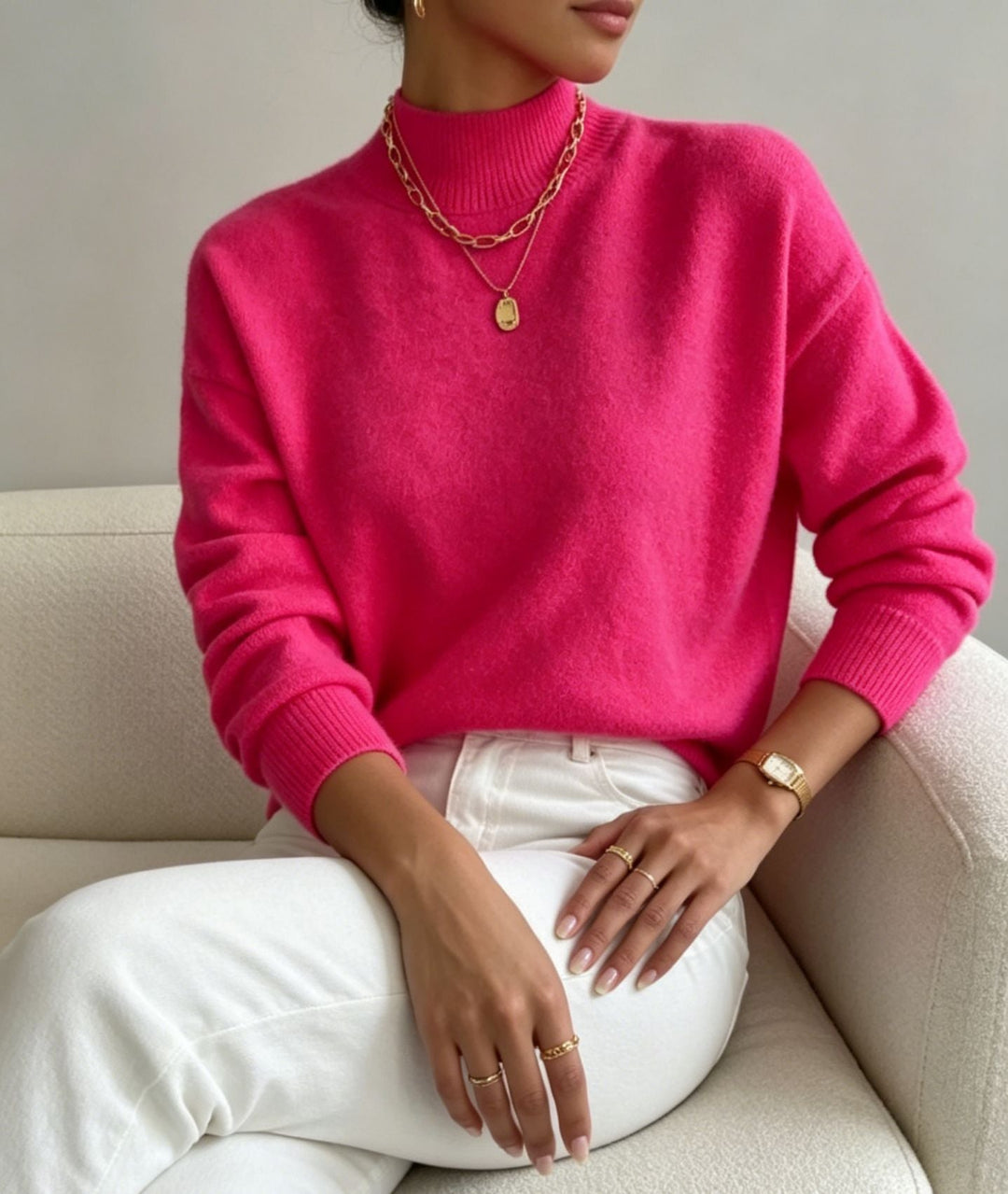 Women's Cozy Fine-knit Pullover with Stand-up Collar and Drop Shoulder