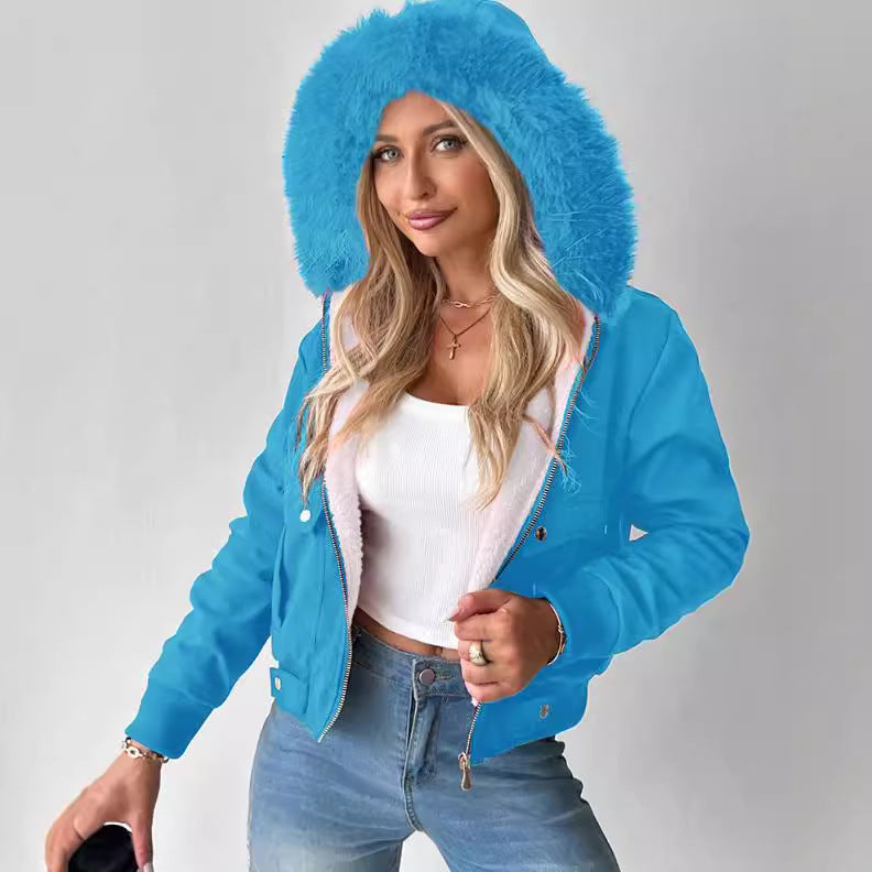 Women's Short Blouson Winter Jacket with Teddy Lining and Removable Faux Fur Hood