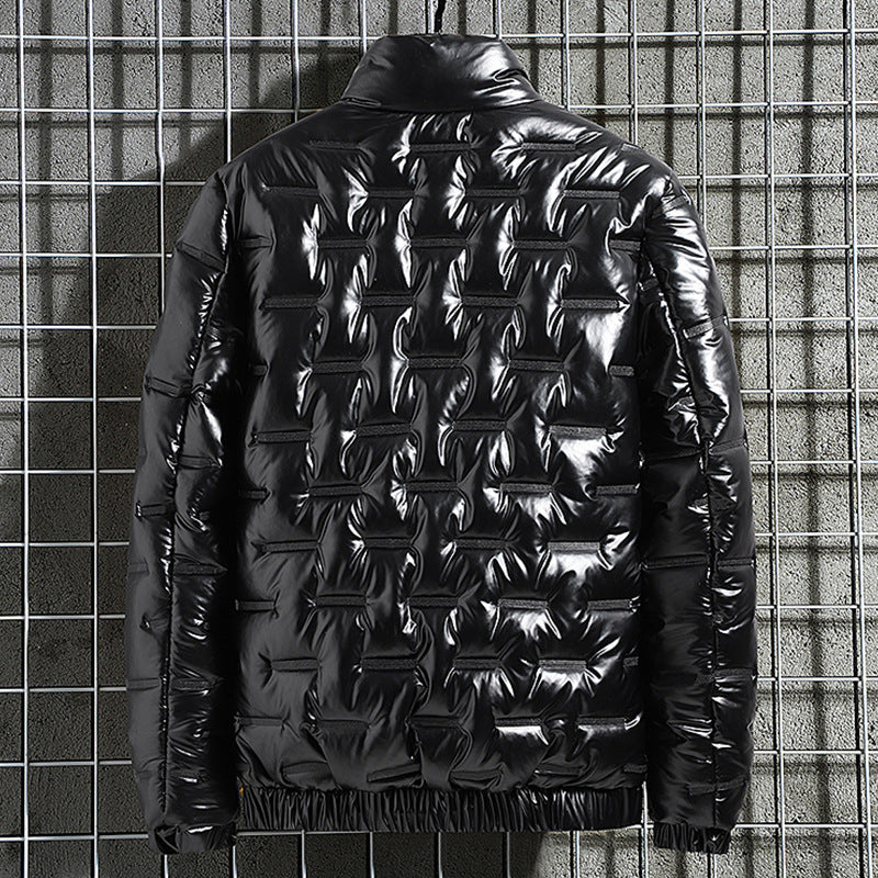 Men's Shiny Quilted Jacket with Geometric Quilting and Stand-up Collar