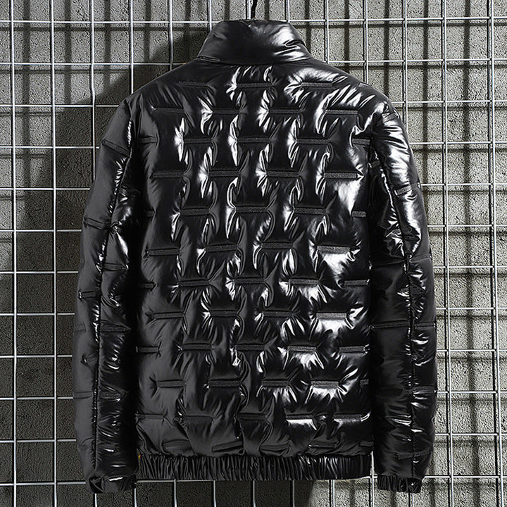 Men's Shiny Quilted Jacket with Geometric Quilting and Stand-up Collar