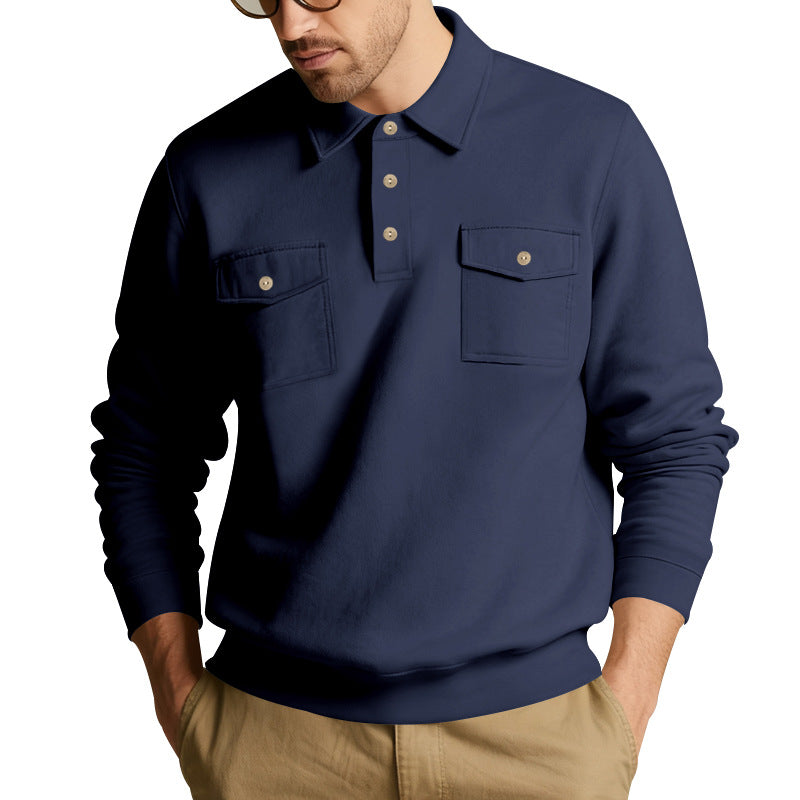Men's Polo Collar Sweatshirt with Patch Chest Pockets and Ribbed Cuffs