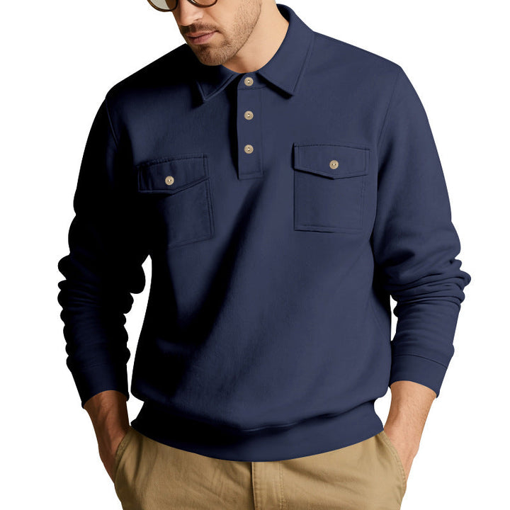 Men's Polo Collar Sweatshirt with Patch Chest Pockets and Ribbed Cuffs