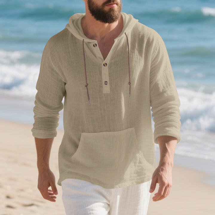 Men's Lightweight Hooded Henley made of Linen-cotton Blend with Kangaroo Pocket and Button Placket