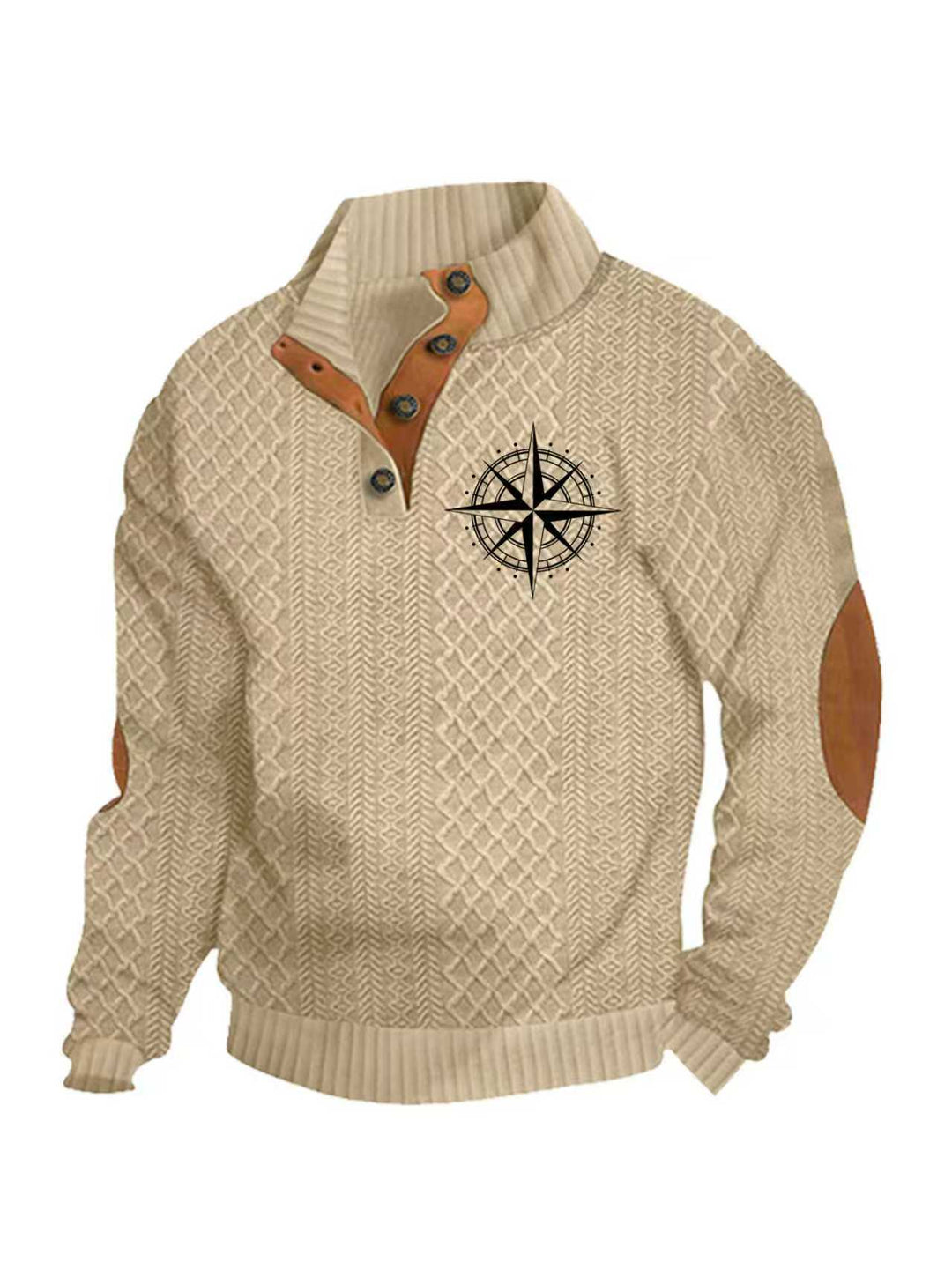 Men's Heritage Textured Pullover with Stand-up Collar Faux Leather Trim Elbow Patches and Half-button Placket