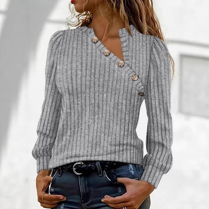 Women's Ribbed Fine Knit Sweater with Asymmetrical Button Placket