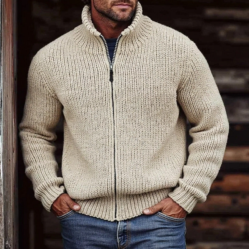 Men's Chunky Knit Cardigan with Stand-up Collar and Continuous Zipper
