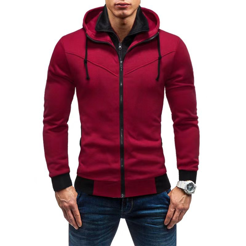 Men's Slim-Fit Hoodie Jacket with Concealed Zipper Double Collar and Contrasting Cuffs