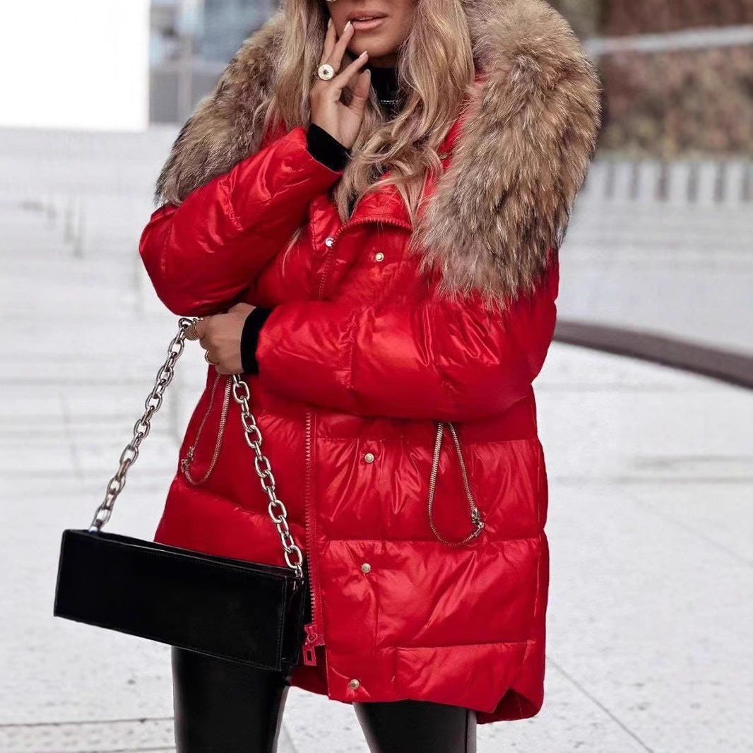 Women's Winter Down Jacket with Removable Hood and Luxurious Fur Collar