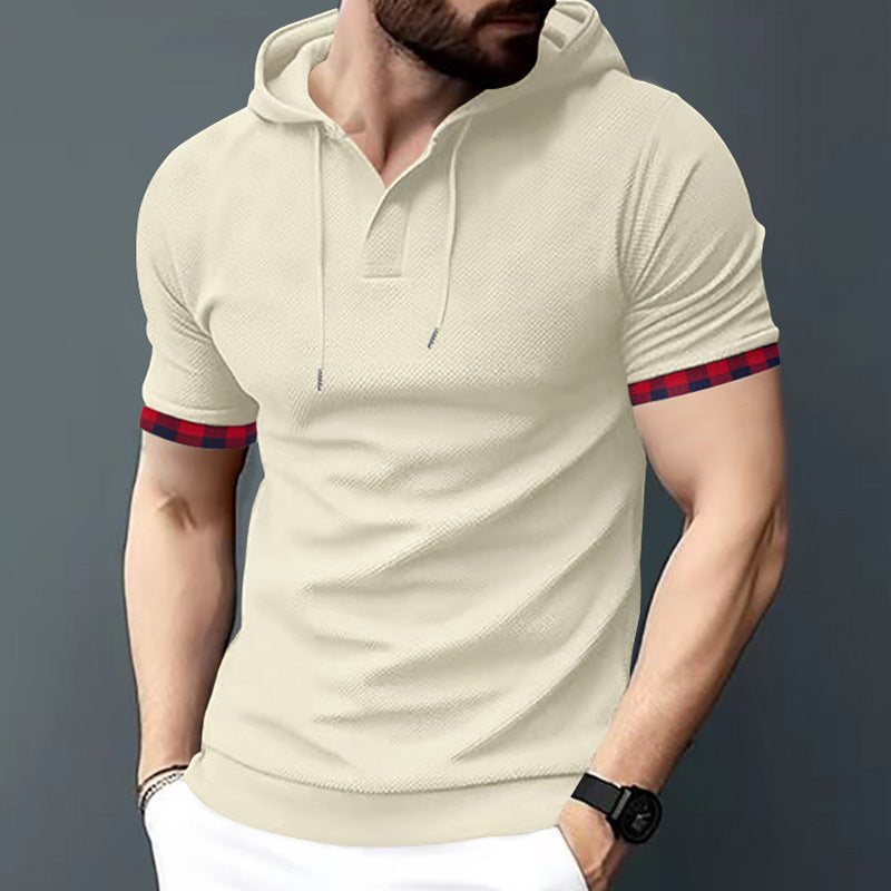 Men's Fitted Short Sleeve Hooded Polo Shirt with Henley Placket and Drawstring