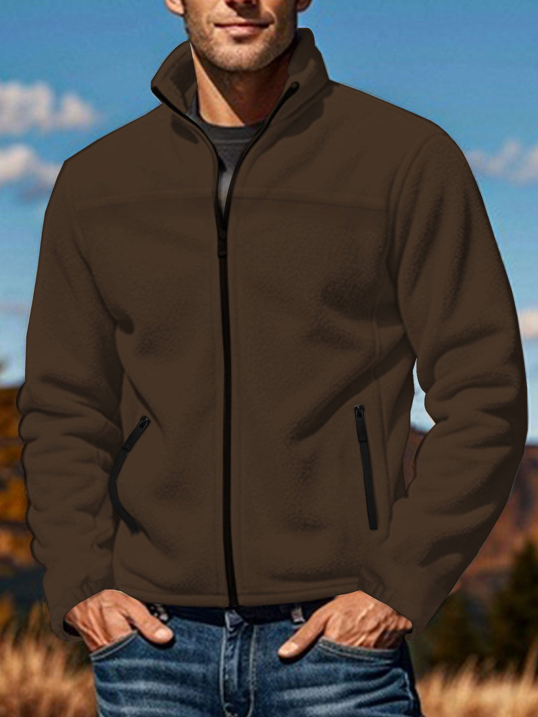 Men's Fleece Jacket with Zipper, Stand-up Collar and Zip Pockets