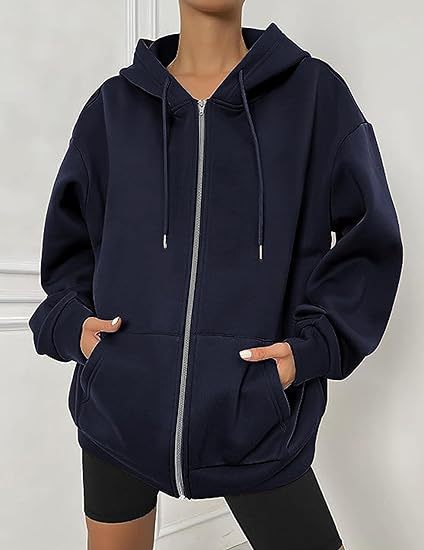 Women's Oversized Zip Hoodie with Contrasting Zipper, Double-layered Hood and Kangaroo Pocket