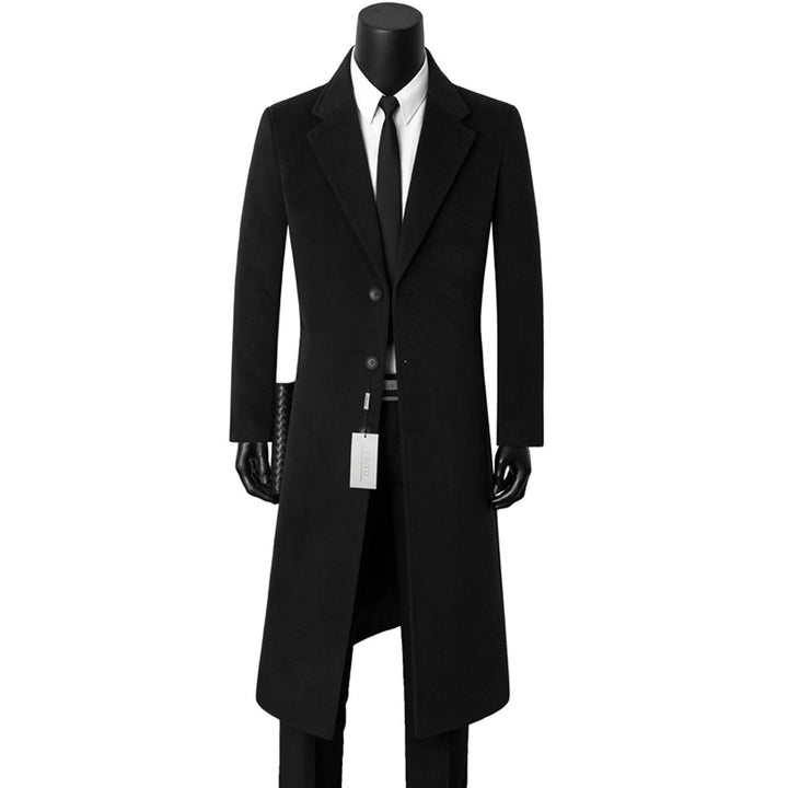 Men's Single-breasted Long Coat with Narrow Silhouette, Notched Lapel and Knee-length Cut