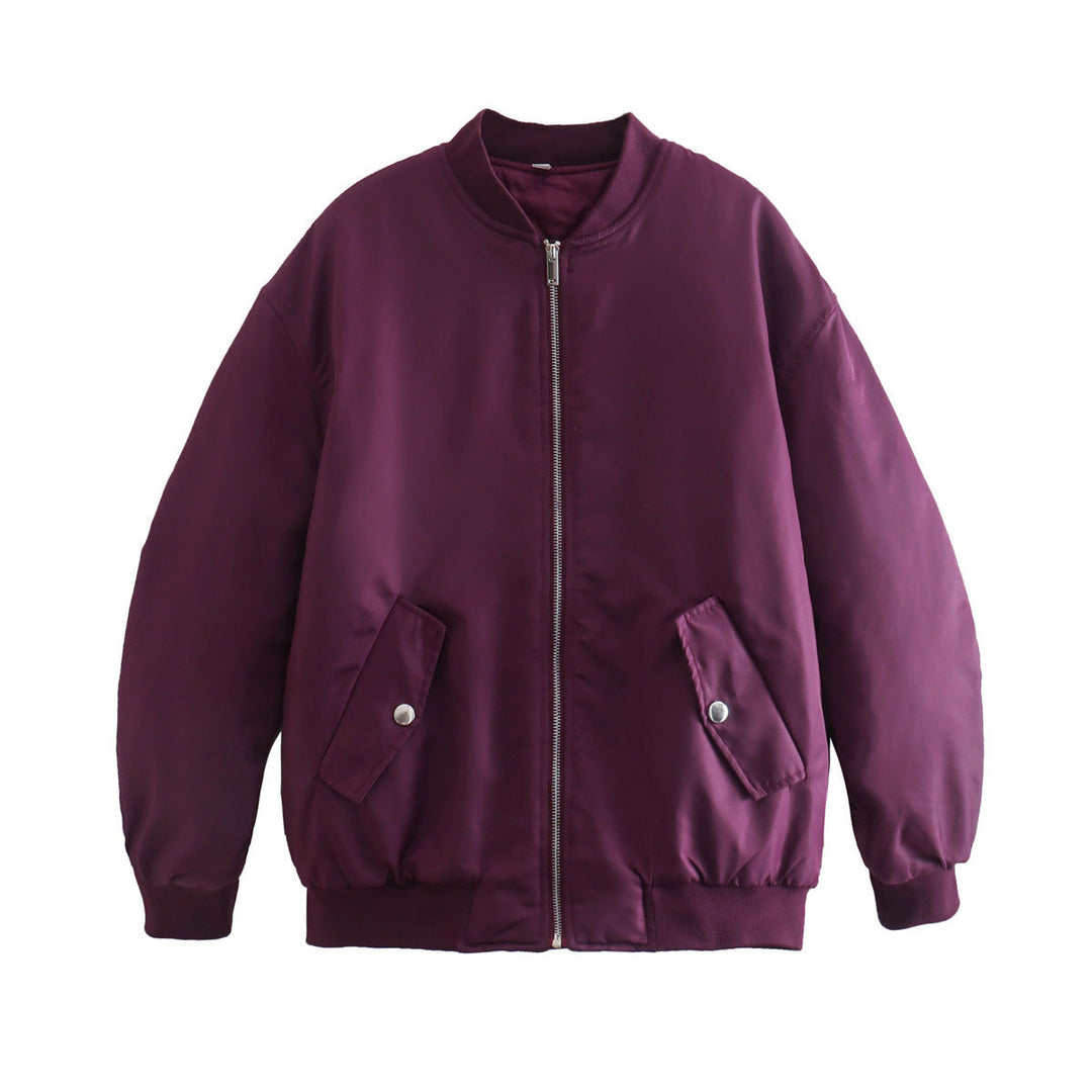 Women's Oversized Bomber Jacket with Stand-up Collar, Zipper and Snap Button Pockets