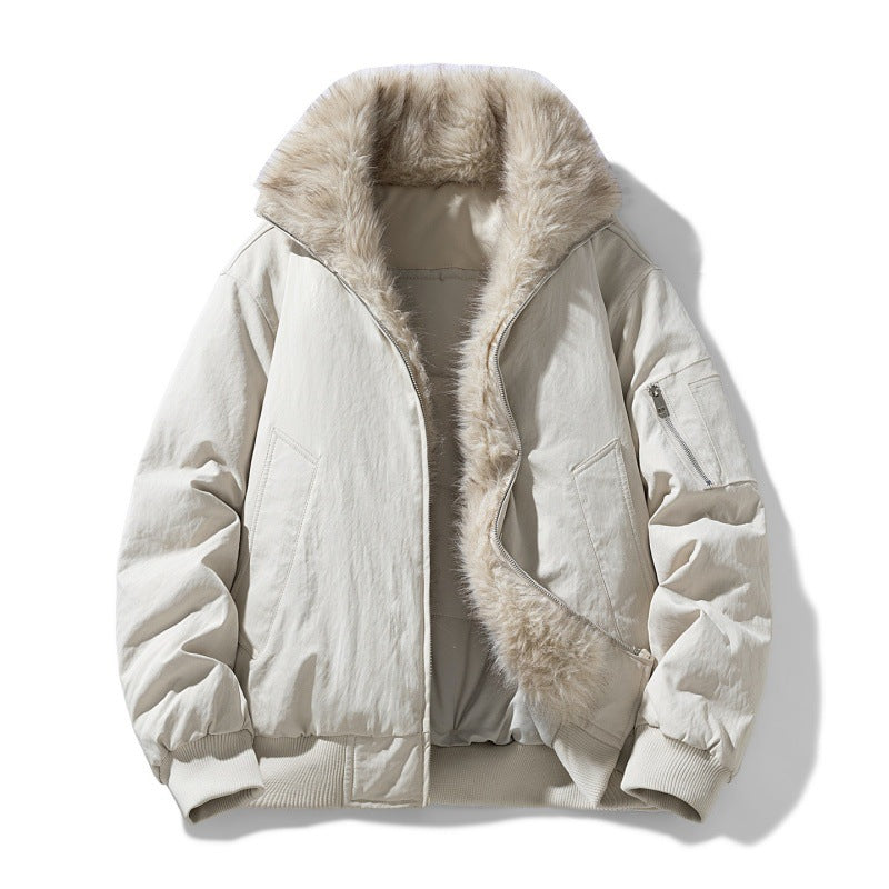 Men's Nappa Padded Bomber Jacket with Synthetic Fur Collar and Windproof Insulation