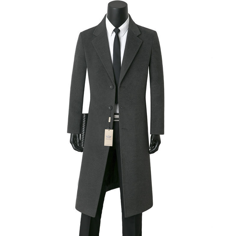 Men's Single-breasted Long Coat with Narrow Silhouette, Notched Lapel and Knee-length Cut