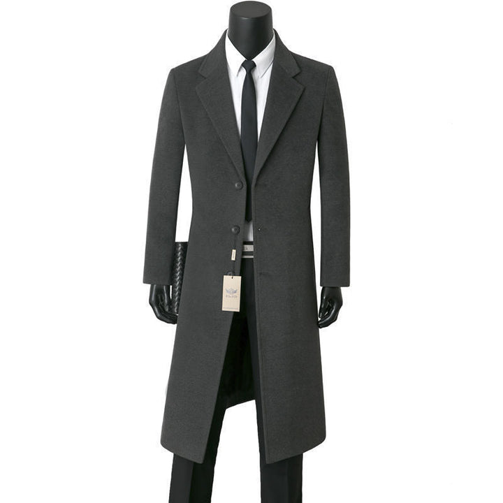 Men's Single-breasted Long Coat with Narrow Silhouette, Notched Lapel and Knee-length Cut